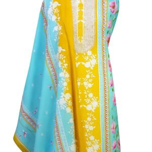jcfs0056Mustard Yellow & Sky Blue Embroidered Suit Set with Printed Dupatta