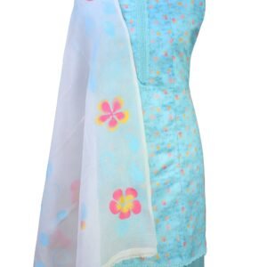 jcfs0055 Light Blue Printed Cotton Suit Set with White Floral Dupatta