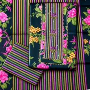 jcfs0057 Floral Striped Dark Green Suit Set with Embroidered Neckline & Printed Dupatta