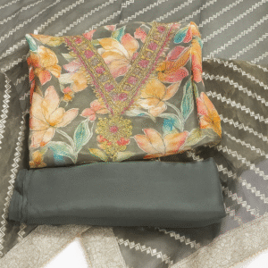jcfs0051 Elegant Floral Printed Embroidered Unstitched Suit with Chiffon Dupatta – 3 Piece Set