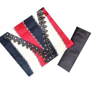 jvfs0061 Black, Red & Beige Striped Suit Set with Mirror Work and Printed Dupatta