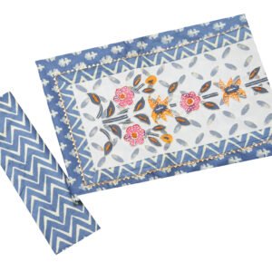 jcfs0062 Blue & White Printed Cotton Suit Set with Chevron Bottom and Floral Dupatta