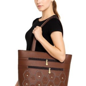 jchb0011 Women’s Stylish Tote Handbag – PU Leather Shoulder Bag with Hexagon Pattern & Dual Zipper Pockets – Casual Office & Travel Purse