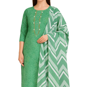 jcfs0065-Green Printed Cotton unstich Suit with Chevron Dupatta