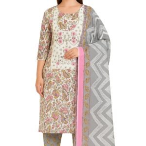 jcfs0066 Women’s Grey & White Floral Embroidered Unstitched Dress Material with Printed Dupatta & Bottom